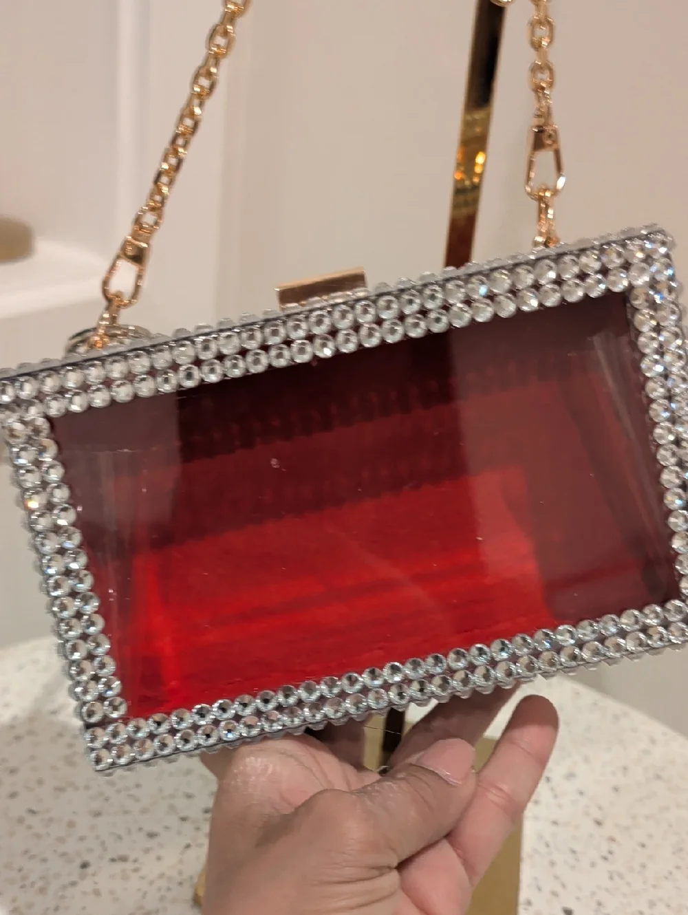 Upcycled Monogram Crystal-Trim Box Clutch with Clear Chain
